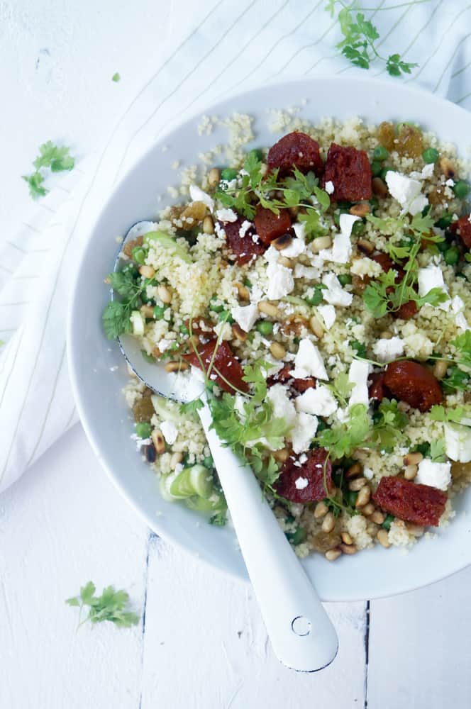 Couscoussalade chorizo, erwtjes en feta Elien's Cuisine