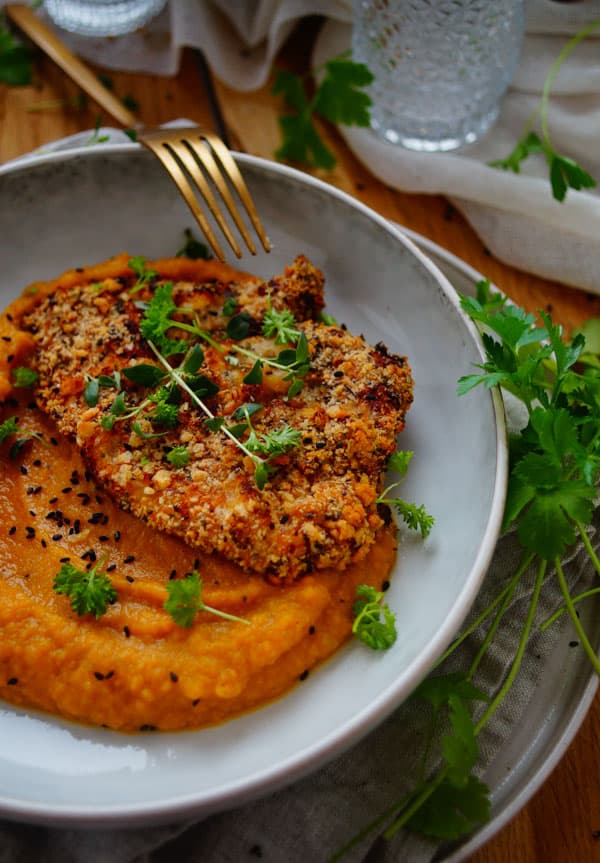 Schnitzel met pompoen-zoete aardappelpuree