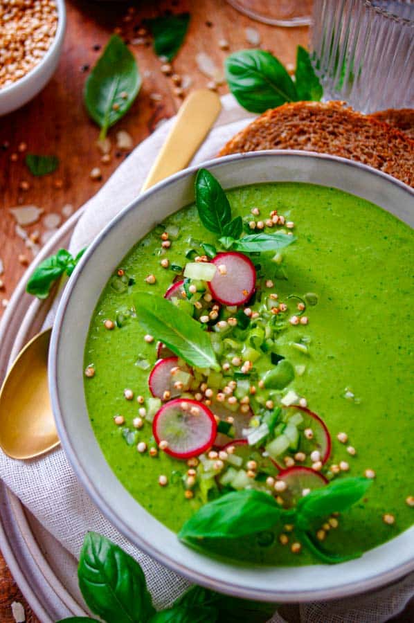 Deze makkelijke groene gazpacho is ideaal tijdens warme zomerse dagen. Een snelle koude soep bomvol verse groenten (komkommer, spinazie, lente-ui en avocado) en smaakmakers. Lekker verfrissend en gezond die je trouwens gewoon in je blender maakt.