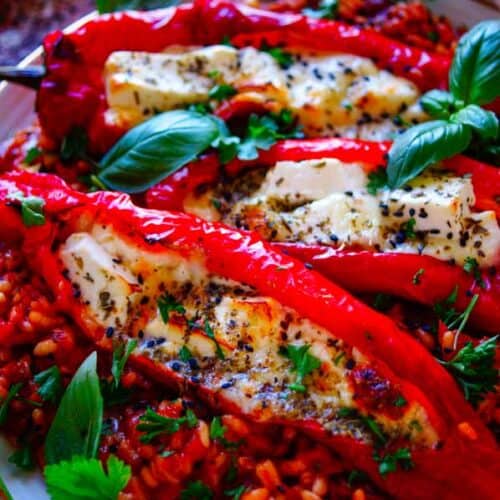 Deze Tomatenrisotto met gevulde paprika's is een ideaal receptje om je weekmenu te zetten. Makkelijk en snel te maken, bomvol smaak, vegetarisch, zonder wijn en super lekker. De paprika's worden gevuld met zowel feta als mozzarella.