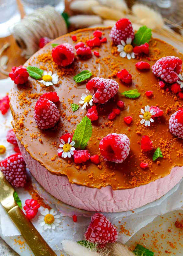 Lekker makkelijk recept voor Frambozen mousse taart met speculaas, simpel fris dessert zonder te bakken. Fris, licht en zomers. Met een bodem van speculaas koekjes en een mousse op basis van frambozen, mascarpone en yoghurt.