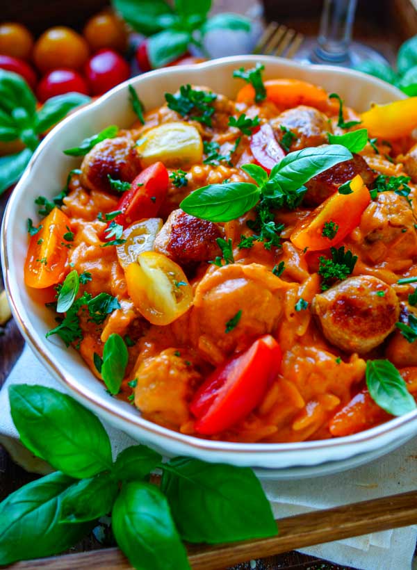 Lekker makkelijk recept voor Pasta met romige pompoensaus en gehaktballetjes, simpel snel recept voor op weekmenu. Orzo pasta gegaard in een heerlijke romige pompoen saus met mascarpone en super snelle balletjes. Heerlijk herfstige dagelijkse kost